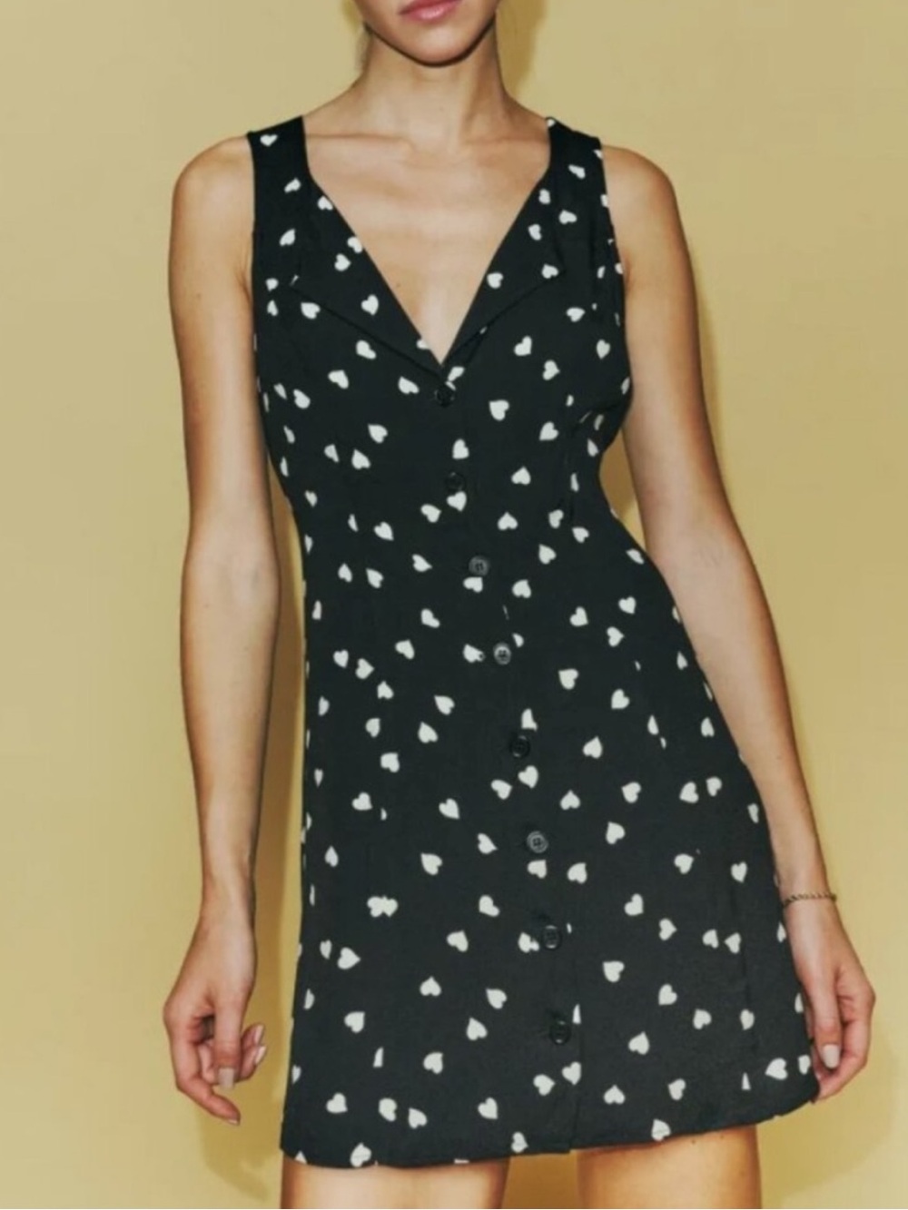 Reformation Black w White Hearts Sleeveless Button Down Rylinn Mini Dress Sz. 8